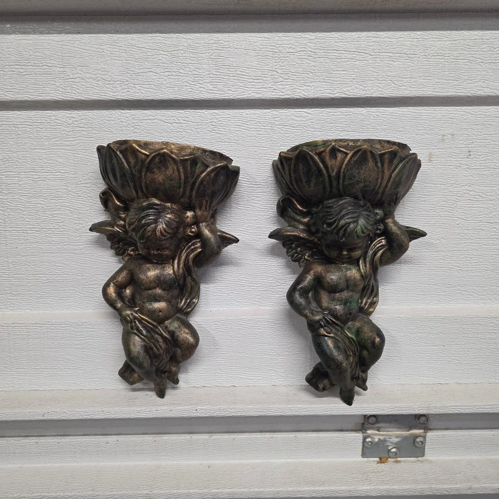 Vtg Inarco Cherub Wall Pocket Set Gold Winged Angel Planter light weight patina